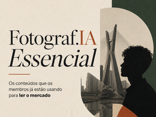 Arte editorial do Fotograf.IA Essencial com composição minimalista, formas geométricas, silhueta humana, elementos urbanos e chamada sobre conteúdos para fotógrafos lerem o mercado.