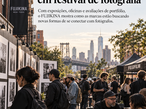 Ilustração editorial de um festival de fotografia em Nova York, com exposições ao ar livre, fotógrafos e conversas sobre portfólio.