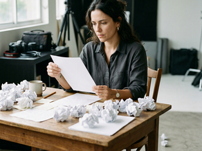 fotógrafa no estúdio avaliando ideias