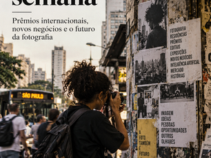 Arte editorial com fotógrafa em cenário urbano brasileiro, cartazes de fotografia e o título “As 10 mais lidas da semana”.