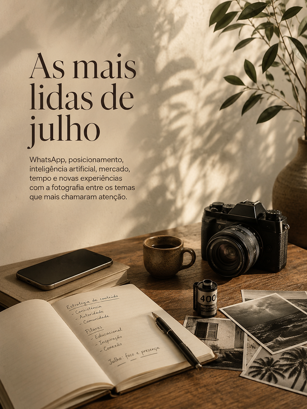 Arte editorial das matérias mais lidas de julho sobre posicionamento, inteligência artificial, negócios, marketing e futuro da fotografia.