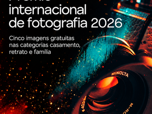 Arte do Narrative Photography Awards 2026 com câmera iluminada em ciano e laranja e texto sobre cinco inscrições gratuitas.