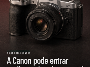 Conceito não oficial de uma possível câmera mirrorless Canon EOS R8 Mark II com desenho retrô, corpo prateado e sensor de 32,5 megapixels.