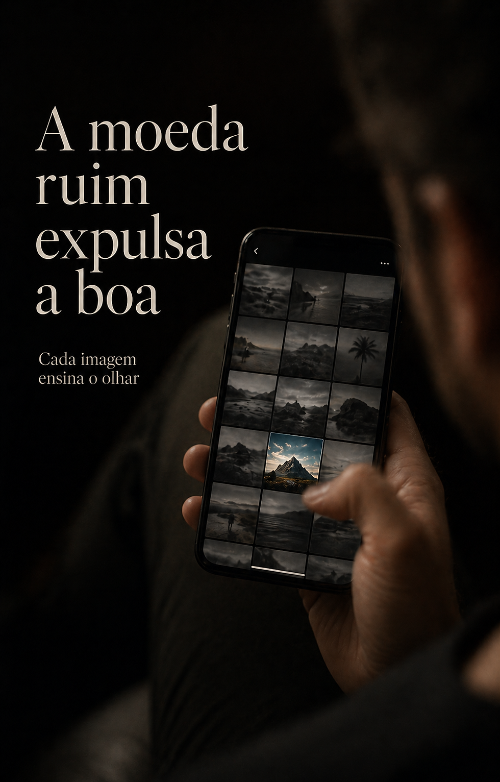 Pessoa vista por trás segurando um smartphone e rolando um feed de fotos; a maioria das imagens é escura e semelhante, enquanto uma se destaca com mais contraste, sugerindo como imagens medianas fazem o público ignorar até as melhores.