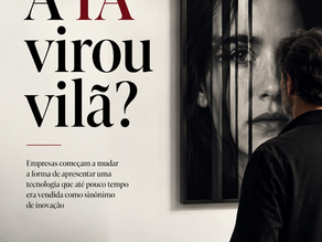 Capa editorial com o título A IA virou vilã?, um fotógrafo observando um retrato fragmentado e a assinatura Fotograf.IA Essencial.