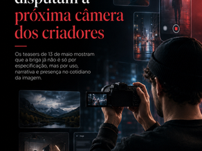 Fotógrafo segura uma câmera mirrorless em ambiente escuro e tecnológico, cercado por telas com retrato, vídeo, paisagem e cenas urbanas, ilustrando a disputa entre Canon e Sony pela próxima geração de câmeras para criadores.