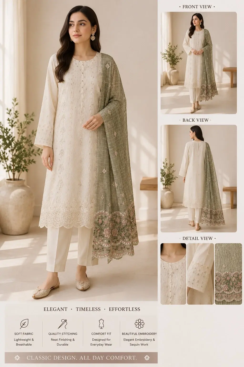 3 Piece Ivory Suit with Green Dupatta Printed Ready to Wear