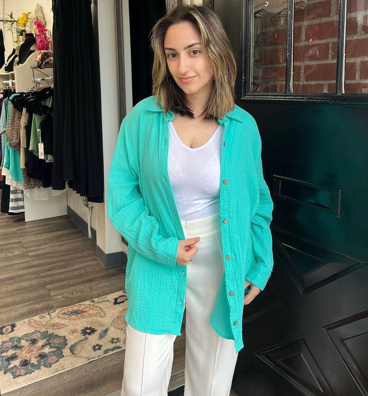 Teal linen button down