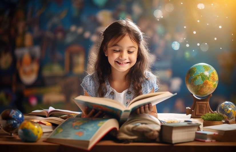Menina lendo um livro infantil cercada por outros livros e elementos educativos em um ambiente de aprendizagem.