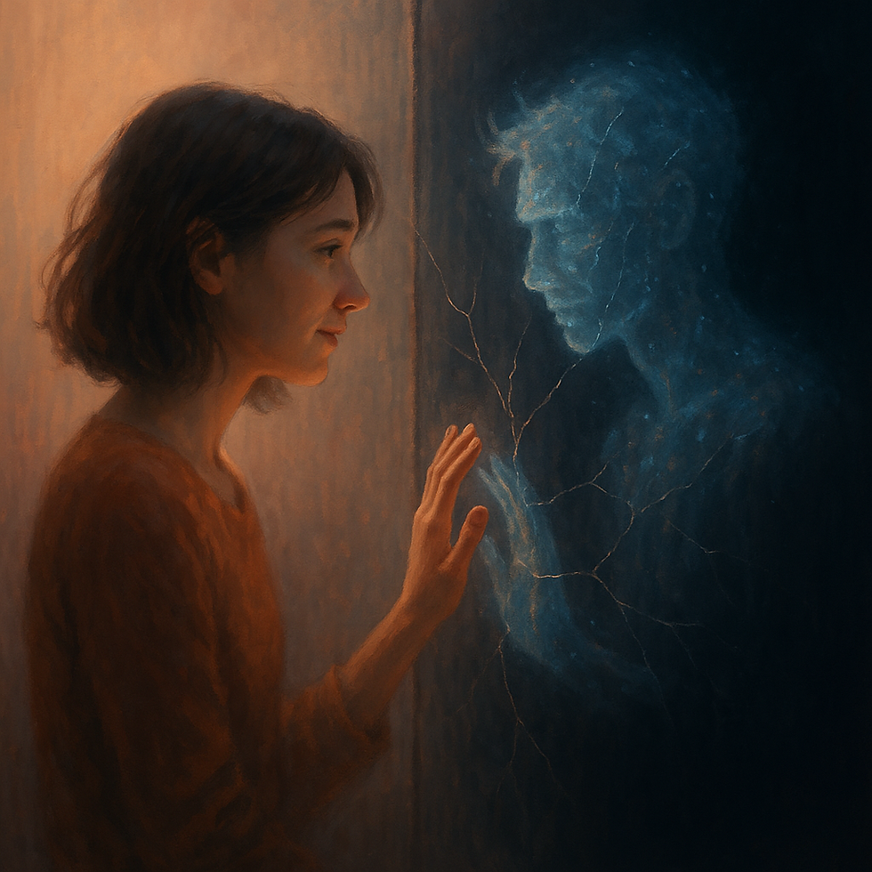 A woman looking at a phone with a holographic love icon drawn as a man, representing emotional truth in a digital world