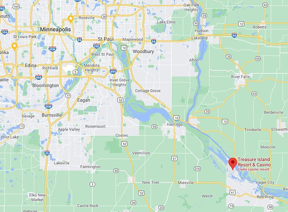 Google Map of Minneapolis and St. Paul Minnesota and Metro area in reference to Welch MN and Treasure Island Casino
