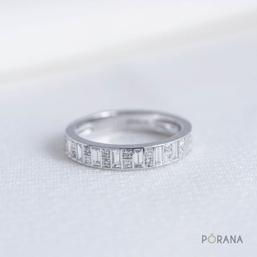 Baguette, princess and round diamond band ring