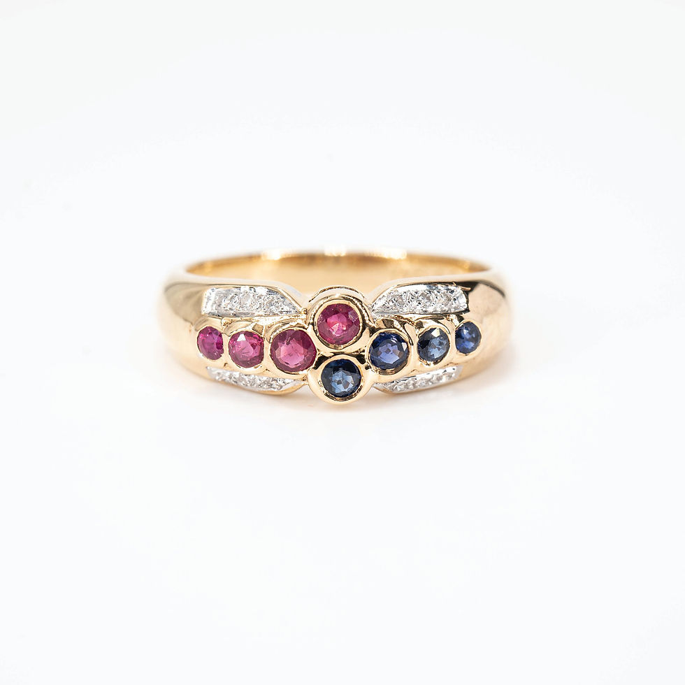 Vintage Blue Sapphire, Ruby and Diamond Ring in 18K Yellow Gold