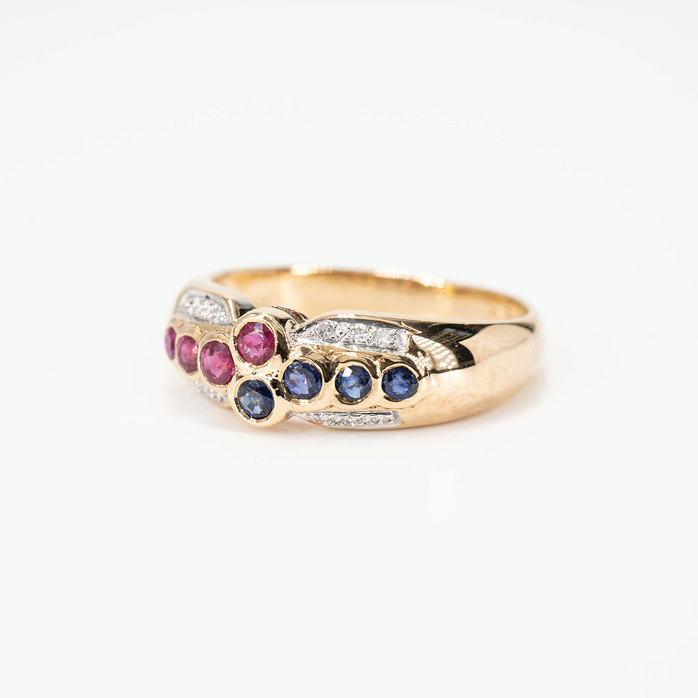 Thumbnail: Vintage Blue Sapphire, Ruby and Diamond Ring in 18K Yellow Gold