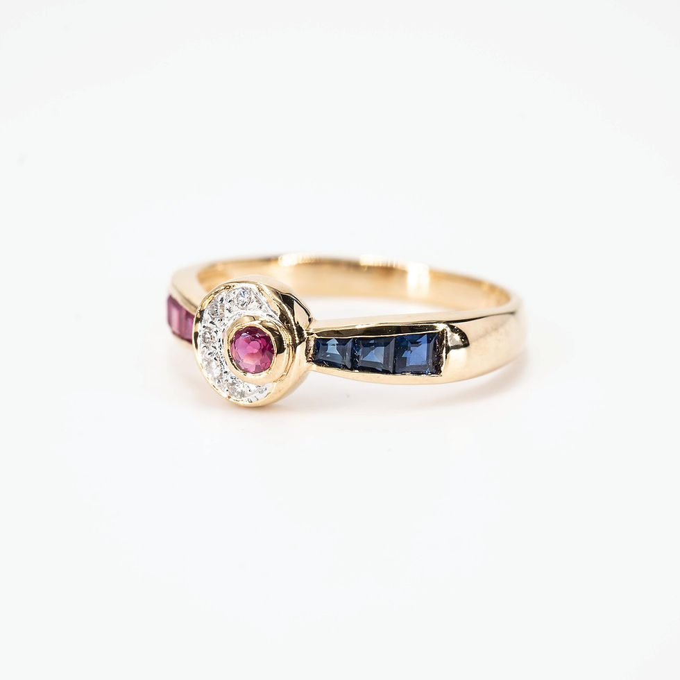 Thumbnail: Vintage Blue Sapphire, Ruby and Diamond Ring in 18K Yellow Gold