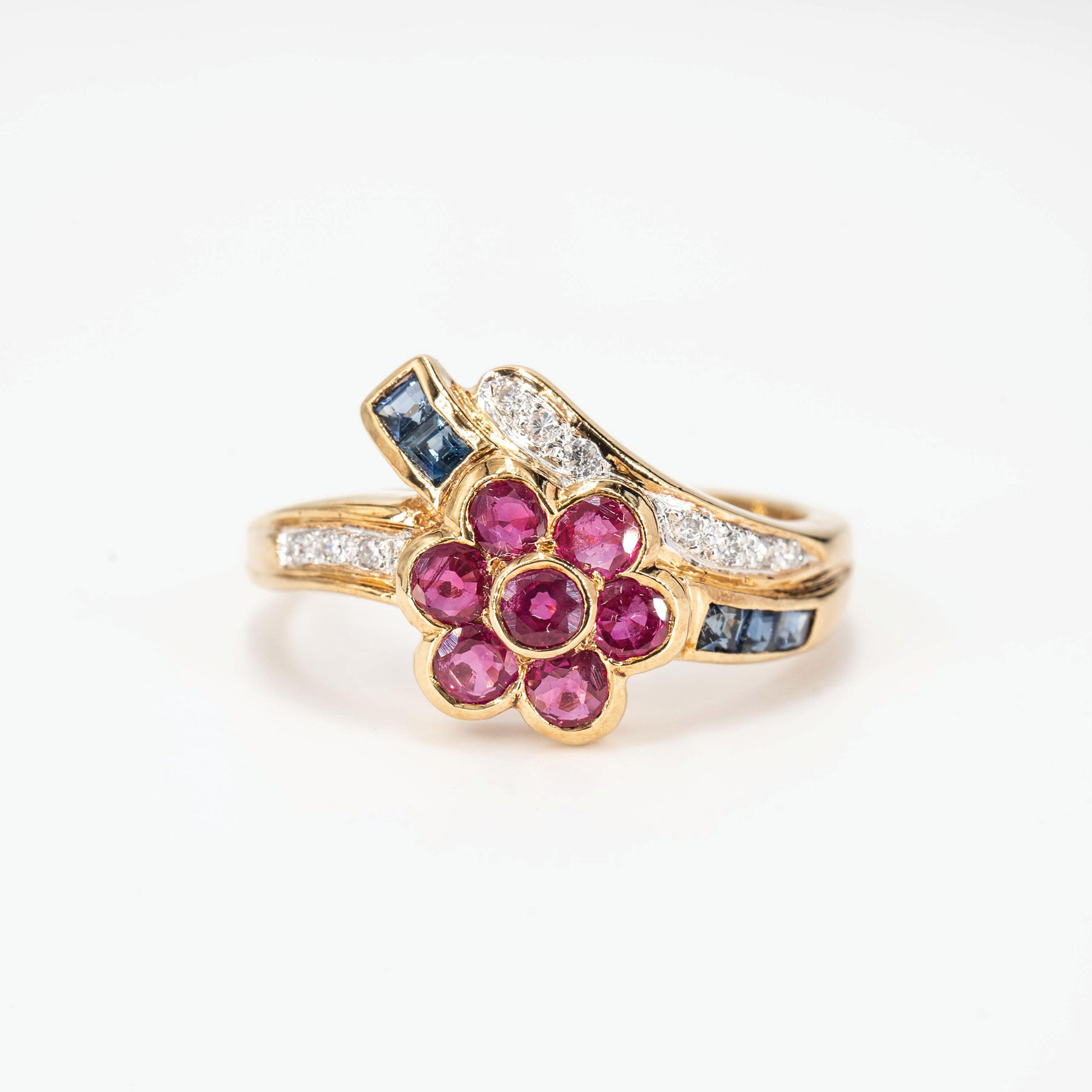 Flower Blue Sapphire, Ruby and Diamond Ring in 18K Yellow Gold