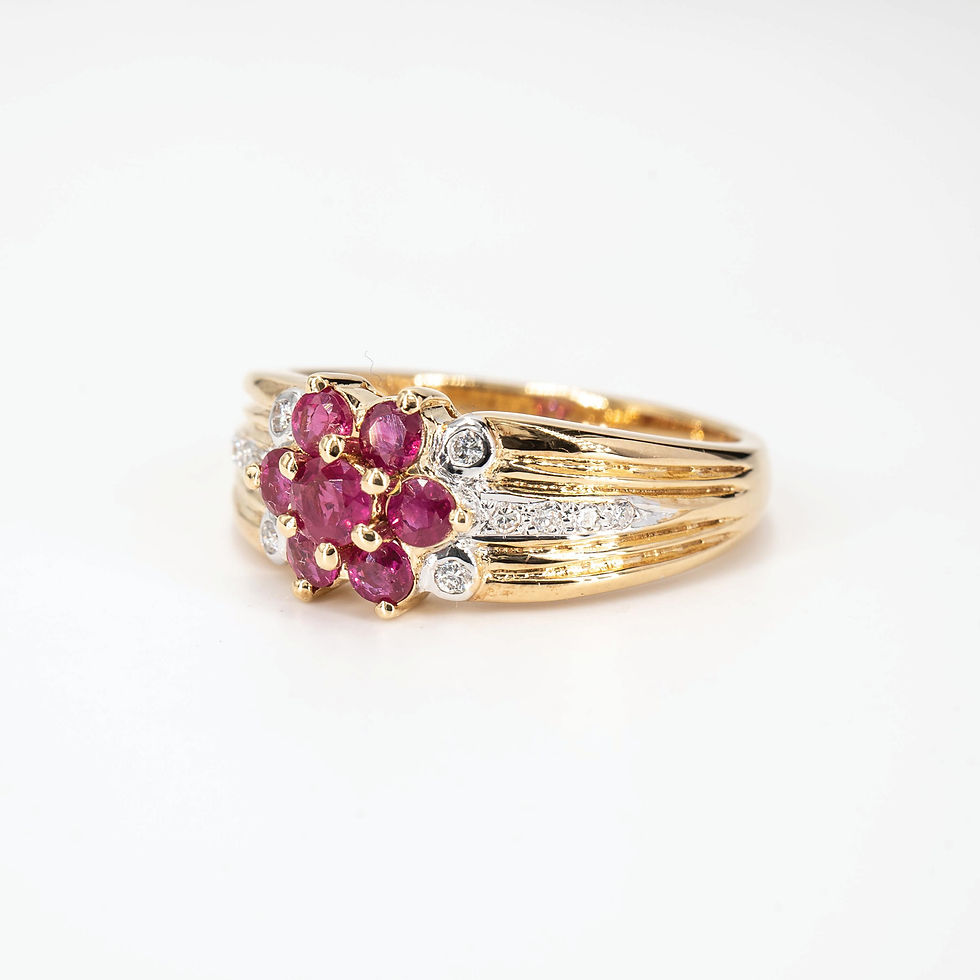 Thumbnail: Flower Ruby and Diamond Ring in 18K Yellow Gold