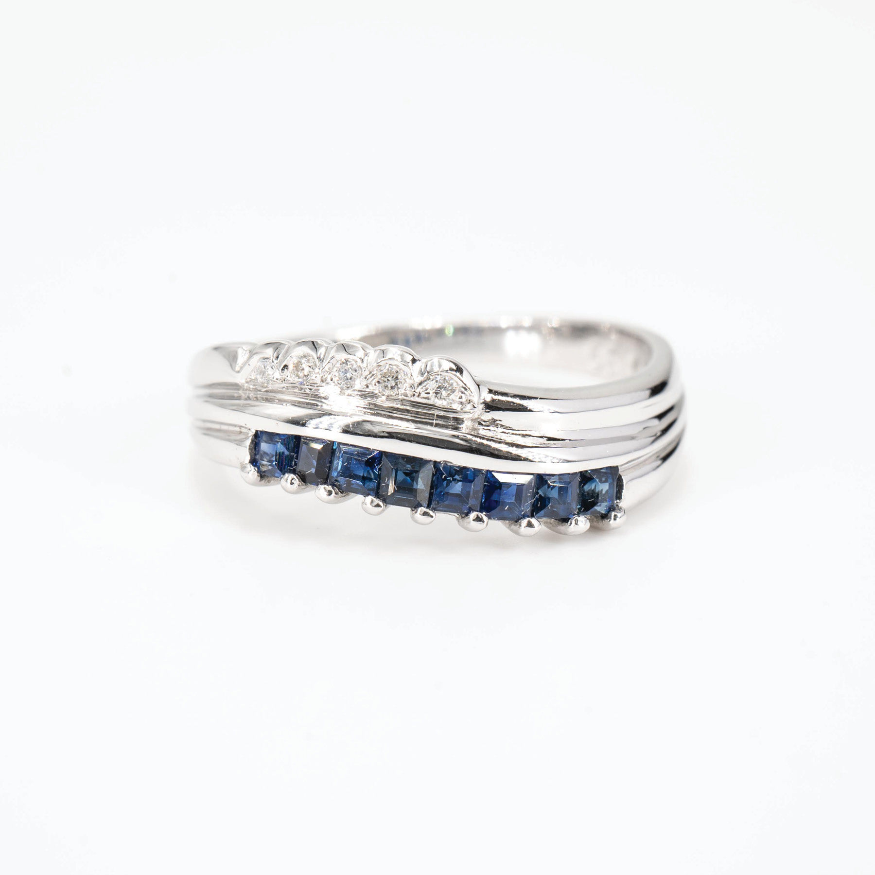 Vintage Blue Sapphire and Diamond Ring in 18K White Gold