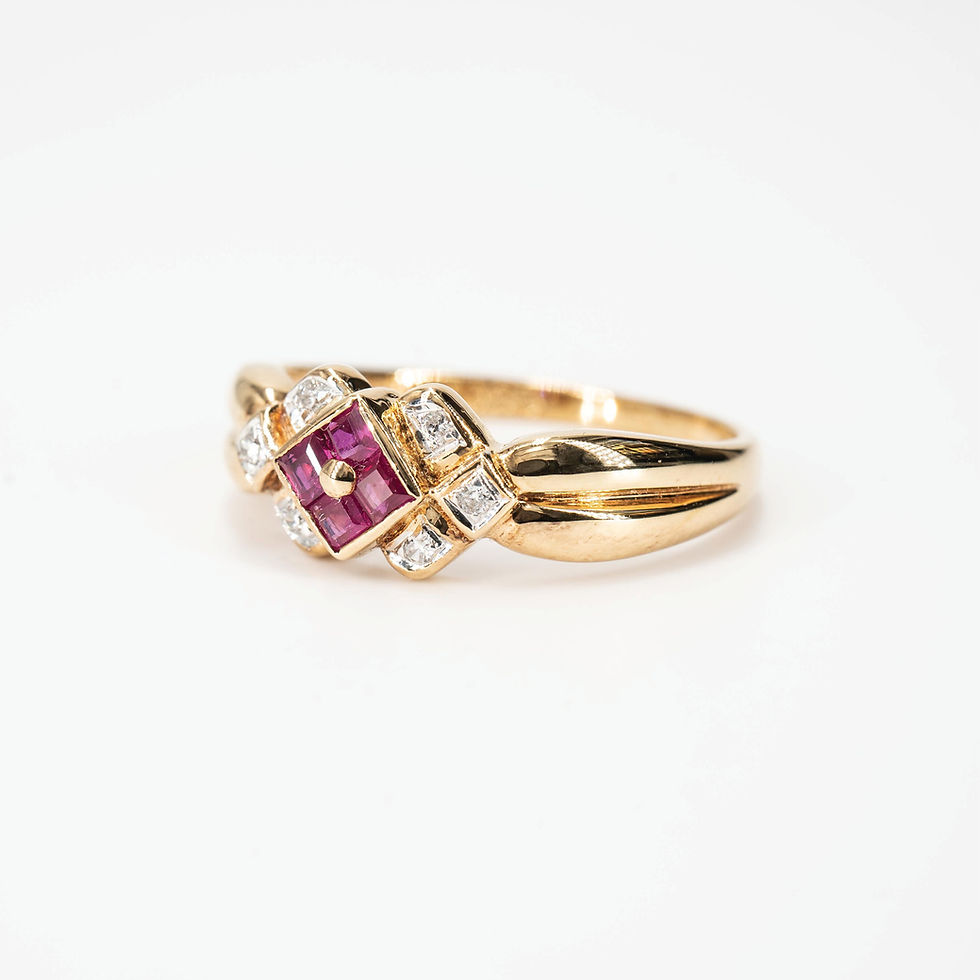 Thumbnail: Vintage Ruby and Diamond band ring in 18K Yellow Gold