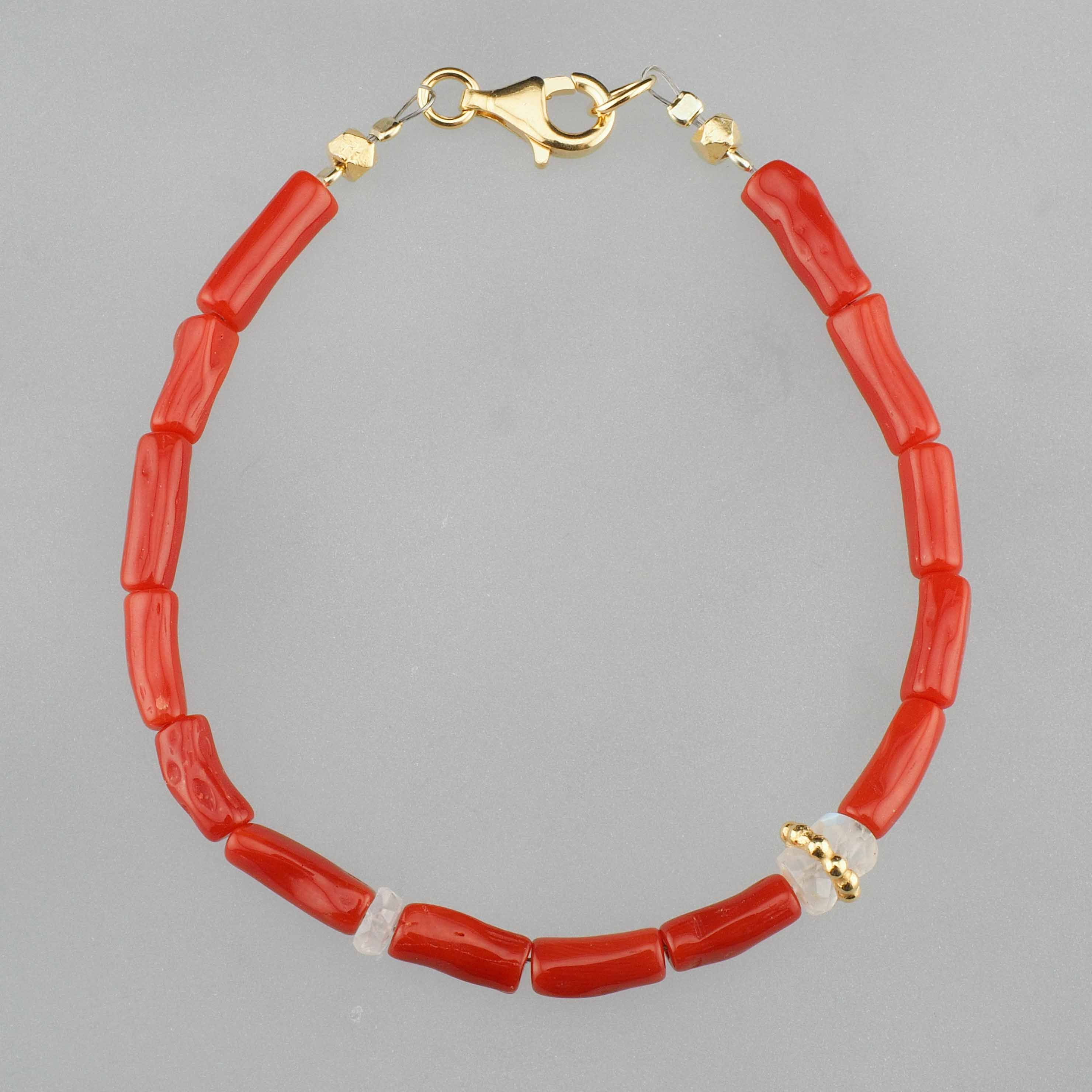Armband rote Koralle und Regenbogen Mondstein
