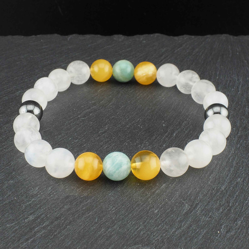 Miniaturbild: Verspieltes Armband aus Regenbogen Mondstein / Bernstein / Amazonit / Hämatit