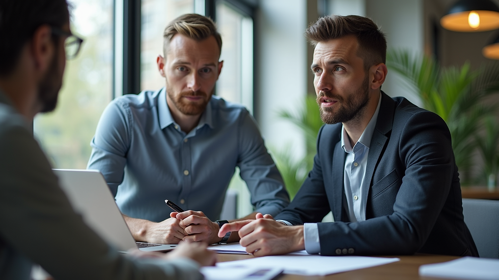 Eye-level view of a business consultant explaining IT strategy to a small business owner