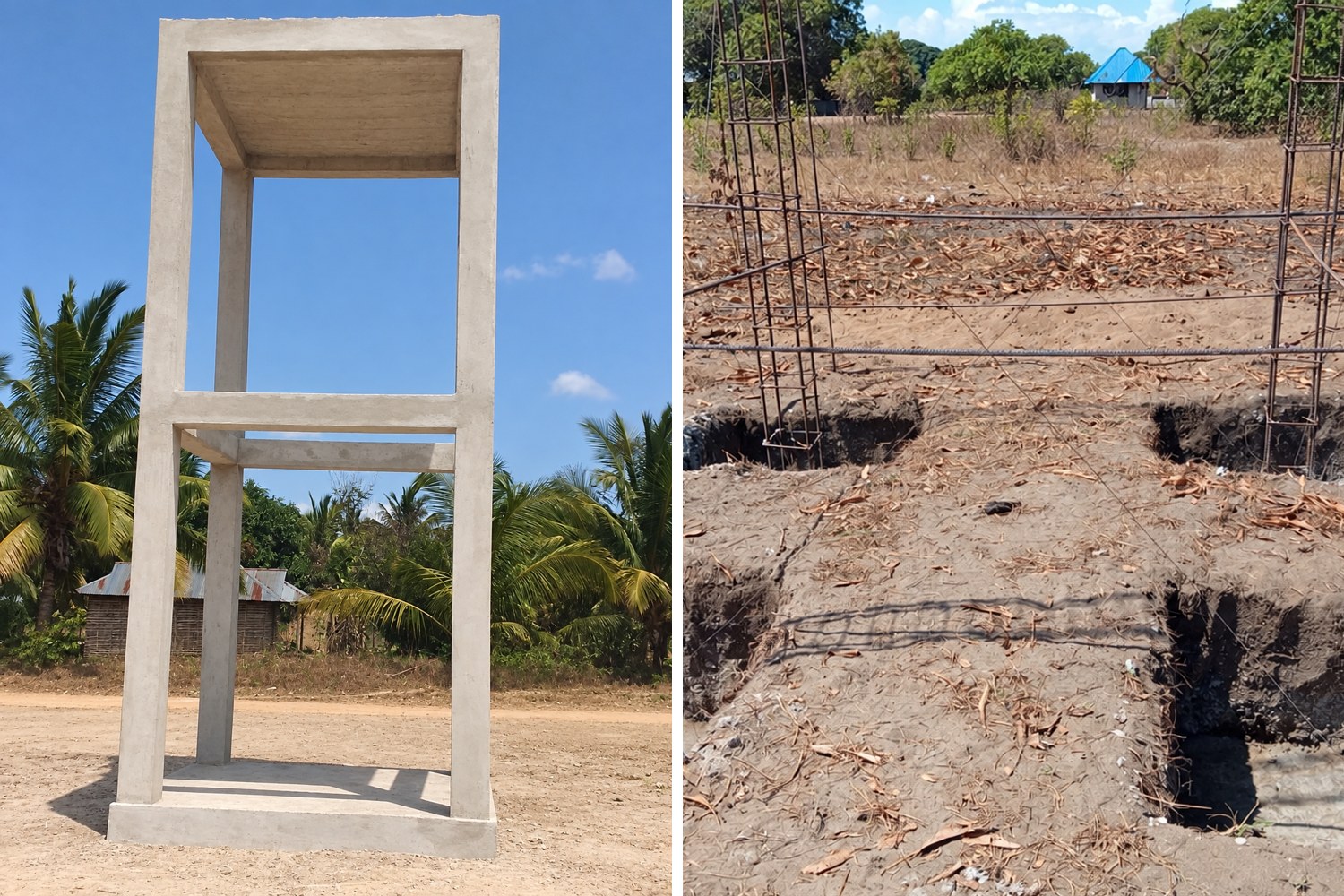 Reinforced concrete water tower and ablution block foundations under construction at a school in Palma District