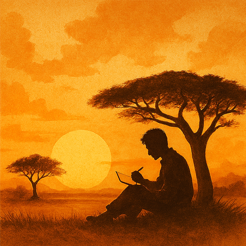 Silhouette of a person writing on a tablet under an acacia tree during an orange sunset, creating a peaceful, reflective mood in the savannah.