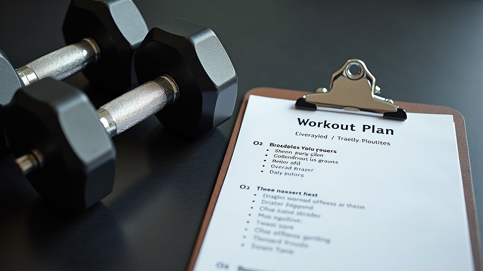 Close-up view of dumbbells and a personalized workout plan on a clipboard