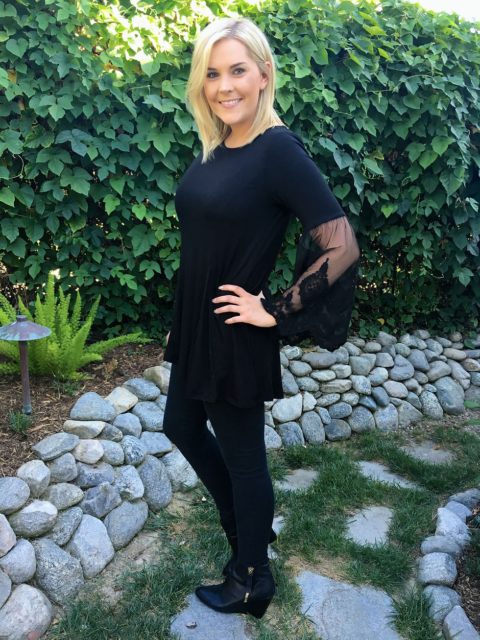Thumbnail: T 472 Solid Black w/ Black Lace Sleeve Tunic S only