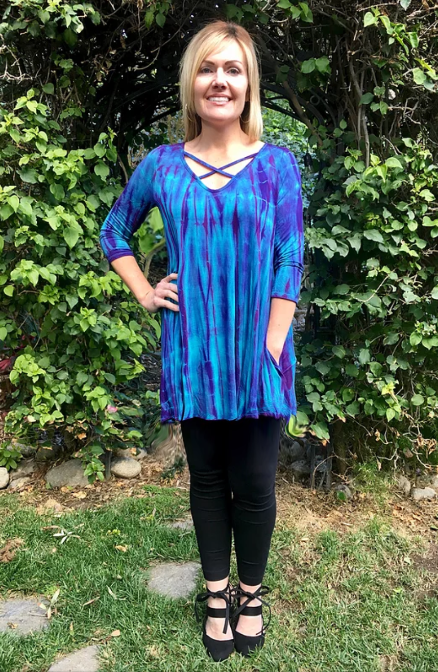 T 544 Criss Cross Turquoise W/Purple V Neck Tunic S Only
