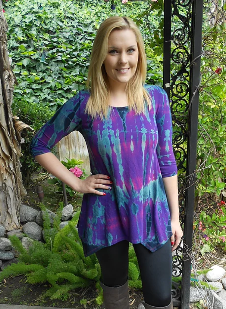 T 420 Cotton Purple, Blue & Black Round NeckTunic XS S M