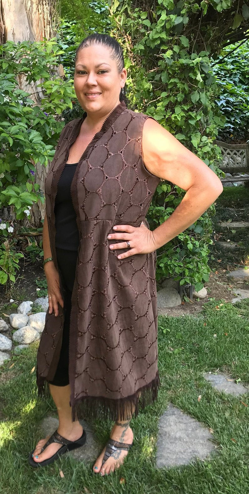 Thumbnail: V 338 Brown Fringe Trimmed Long Vest