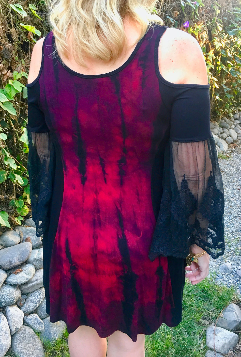 Thumbnail: D 203 Red & Black Lace Sleeve Open Shoulder Dress