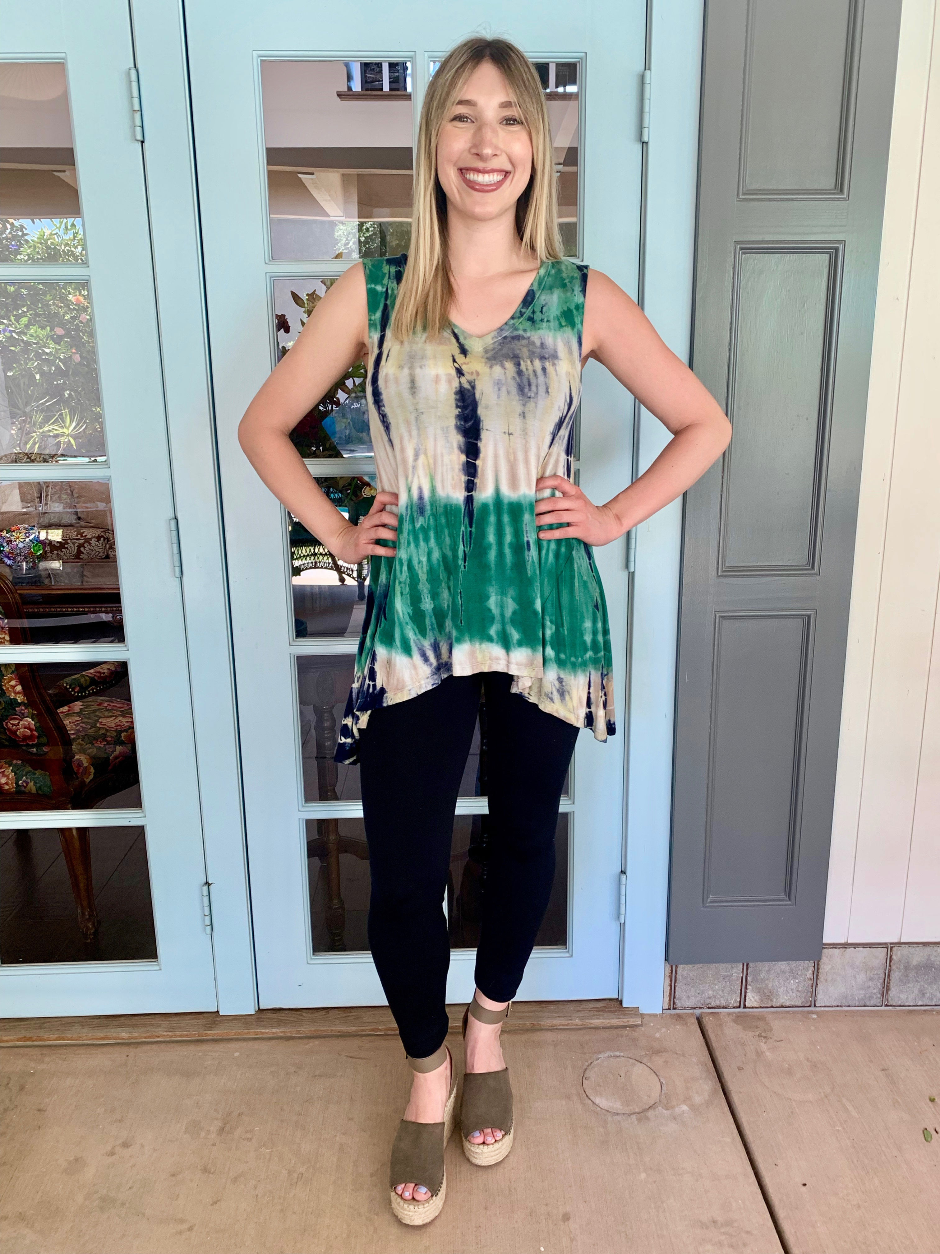 T 612 Green Beige & Black V Neck High Low Top