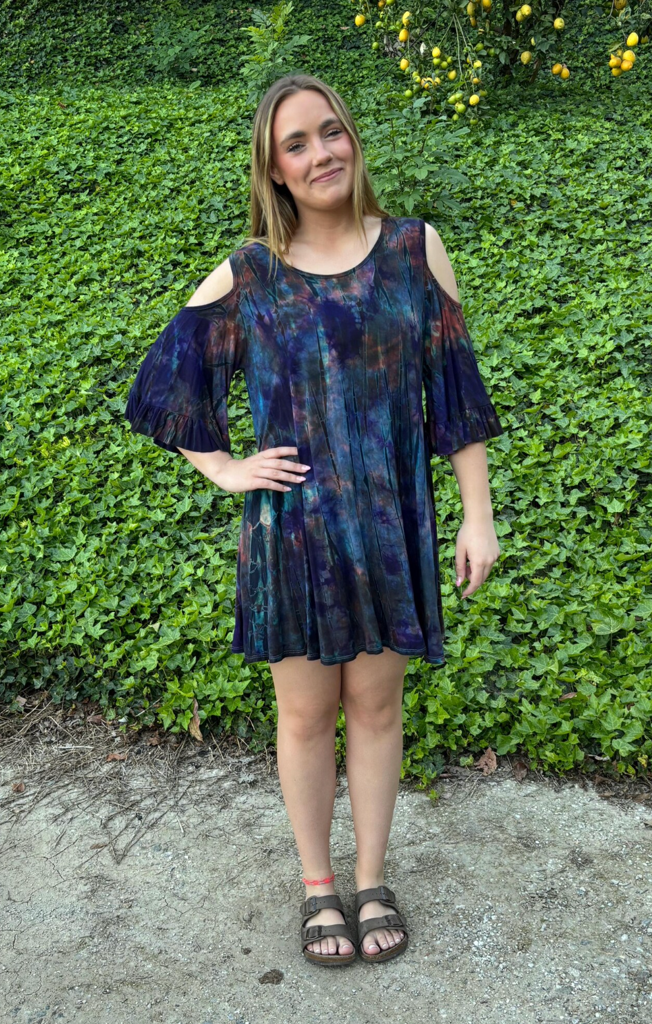 T 751 Blue Purple & Coral Black, Ruffle Sleeve Open Shoulder Tunic