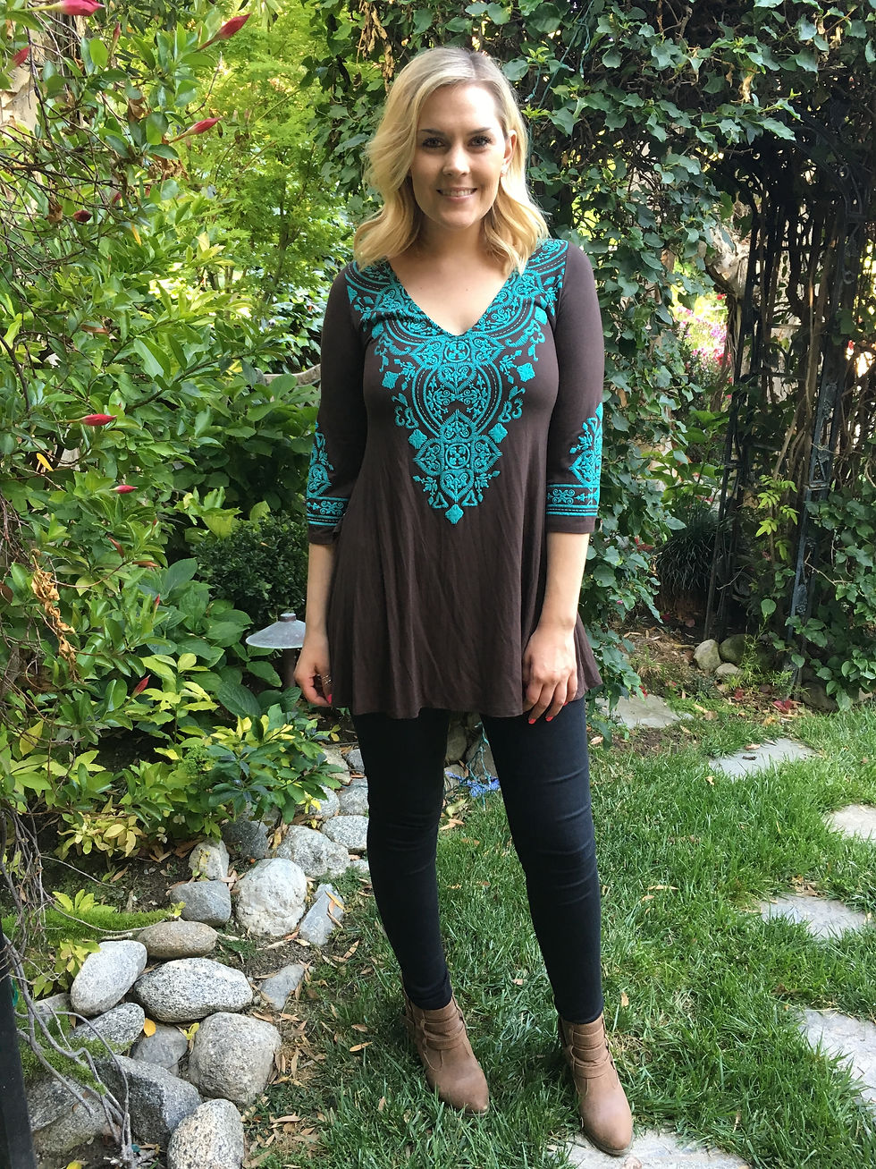 Thumbnail: T 349 Brown W/Turquoise Stitch Tunic S ONLY