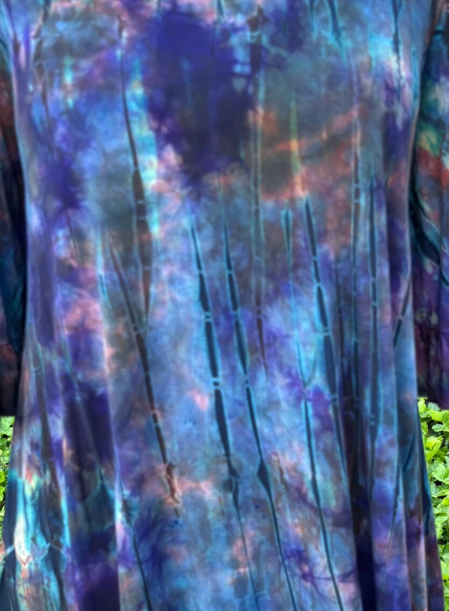 Thumbnail: T 751  Blue Purple & Coral Black, Ruffle Sleeve Open Shoulder Tunic