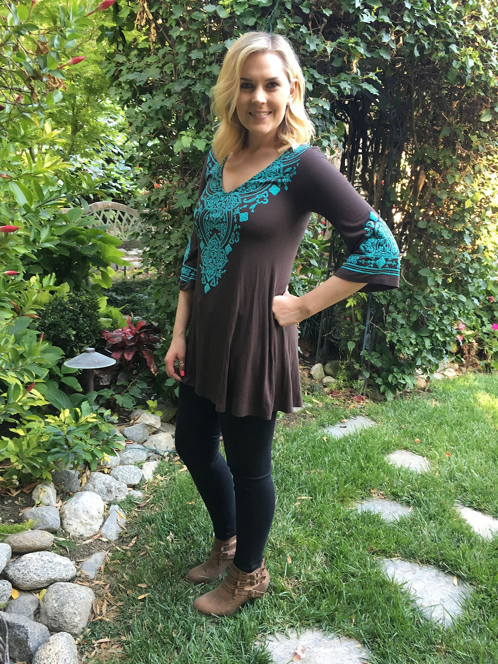 Thumbnail: T 349 Brown W/Turquoise Stitch Tunic S ONLY
