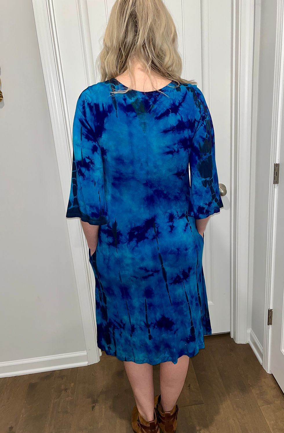 Thumbnail: D 736 Blue Mid Calf Dress Midi Tie Dye Dress Pockets, Peacock