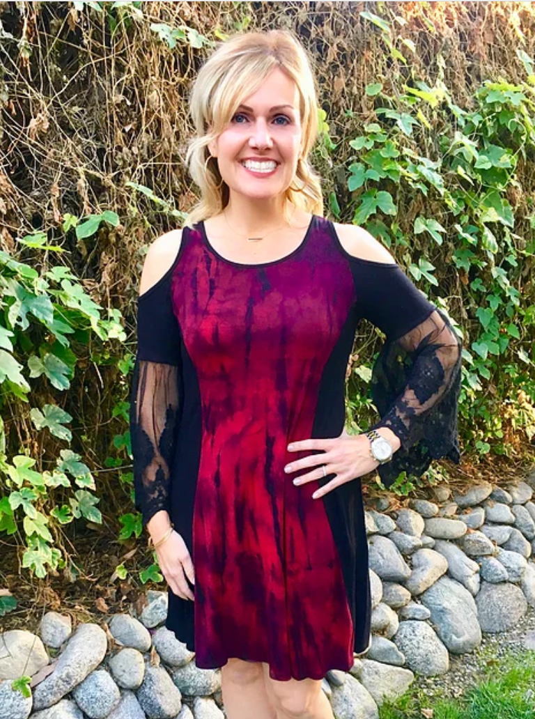 Thumbnail: D 203 Red & Black Lace Sleeve Open Shoulder Dress