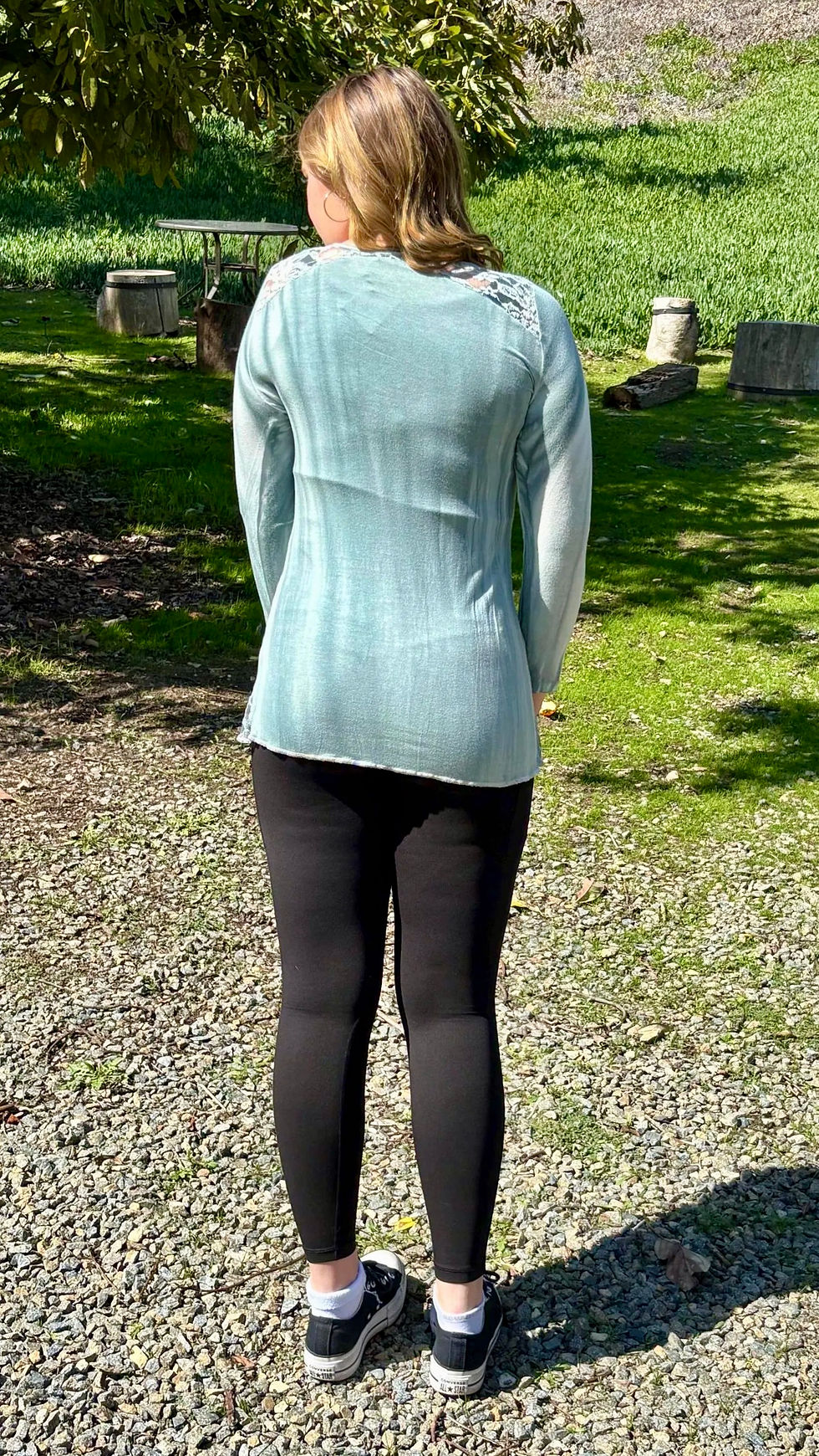 Thumbnail: T 731 Green Acid Wash Lace Trimmed Top