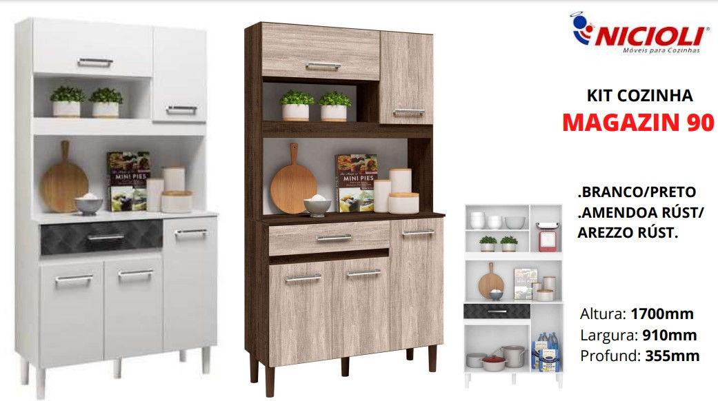 Kit Cozinha Compacta 7 Portas 1 Gaveta Magazin 120 Branco Brilho/Preto Tridimens