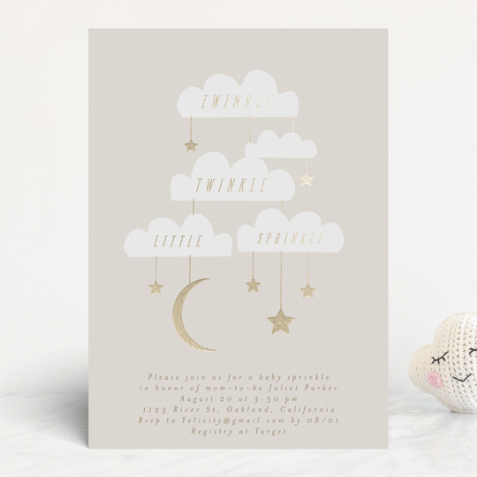 Neutral baby sprinkle invitation with clouds, stars, and matching envelopes. Perfect for a gender-neutral or twinkle-themed event