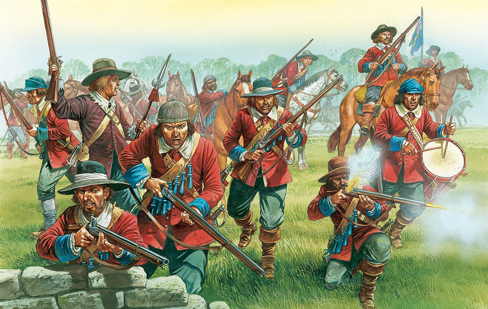 Dragoner ur Cromwells New Model Army tar sikte. Målning av Steven Graham.