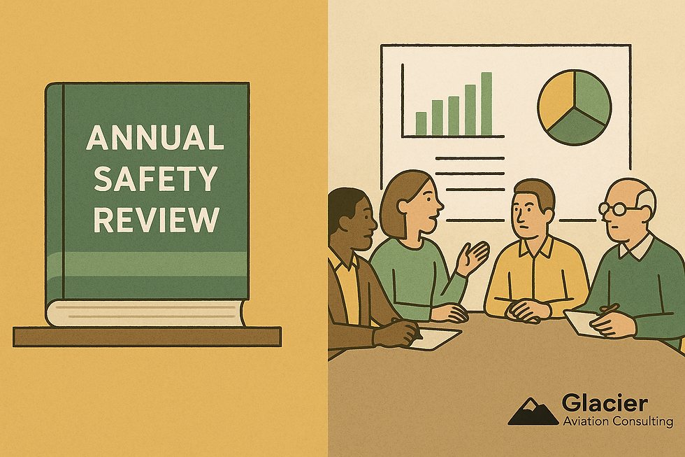 Split illustration of Annual Safety Review: report on a shelf versus team in safety meeting using charts and data.