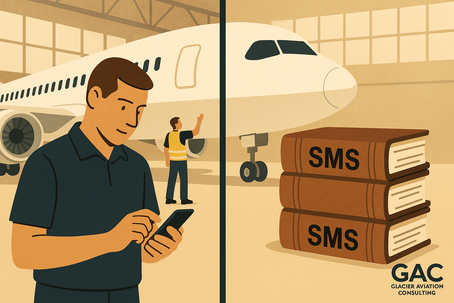 Split illustration of Part-145 SMS: left side shows staff using a phone to report and work on an aircraft, right side shows SMS manuals, highlighting compliance vs culture.