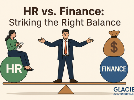 Flat-style illustration showing HR and Finance balanced equally on a scale, symbolizing that people and numbers are valued the same in building reporting culture. Glacier Aviation Consulting logo bottom right.