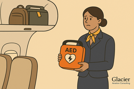 Illustration of a flight attendant holding an AED, looking at an overhead bin filled with personal bags, unsure where to stow the equipment.