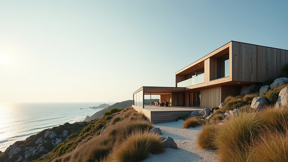 Eye-level view of a luxury prefab home overlooking the sea